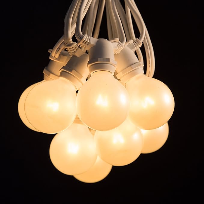 Hometown Evolution, Inc. 100 Foot C9 Commercial Exterior Globe String Lights with 80 G50 2 Inch White Satin Bulbs (White Wire) for Weatherproof Heavy Duty Vintage Outside Lighting