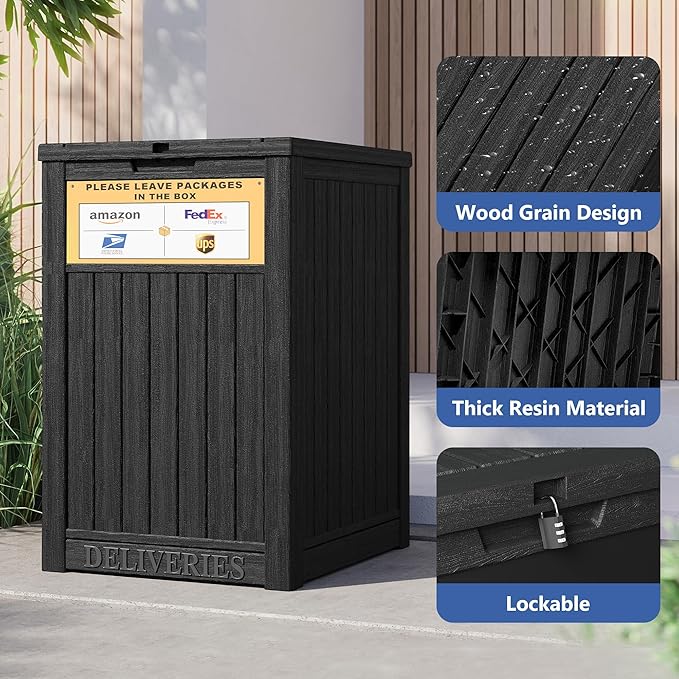 Upgrade 48 Gallon Package Delivery Box for Porch with Sign, Outdoor Storage with Lockable Secure, Large Double Wall Resin Outdoor Package Delivery and Waterproof