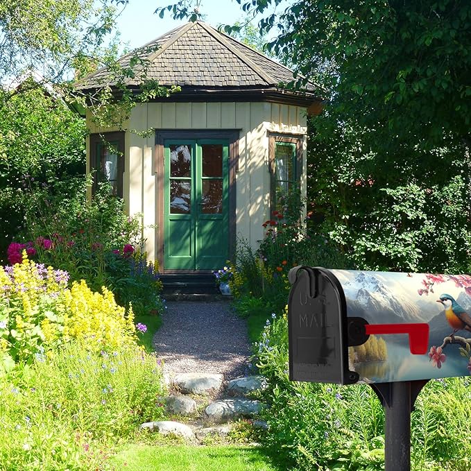 Spring Flowers Bird Mailbox Cover Magnetic Standard Size 21x18 Inch Spring Mountain Lake Mailbox Covers Floral Rustic Seasonal Mailbox Wraps Post Letter Box Decor for Garden Yard