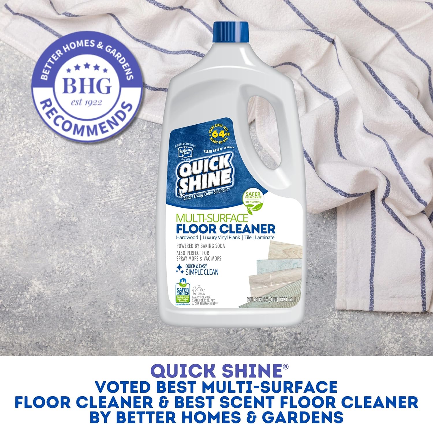 Quick Shine Multi Surface Floor Cleaner 64oz, 4Pk | Ready to Use-Streak Free- No Rinse | Use on Hardwood, Laminate, Luxury Vinyl Plank & Stone | Use in Spray Mops & Vac Mops | Safer Choice Cleaner