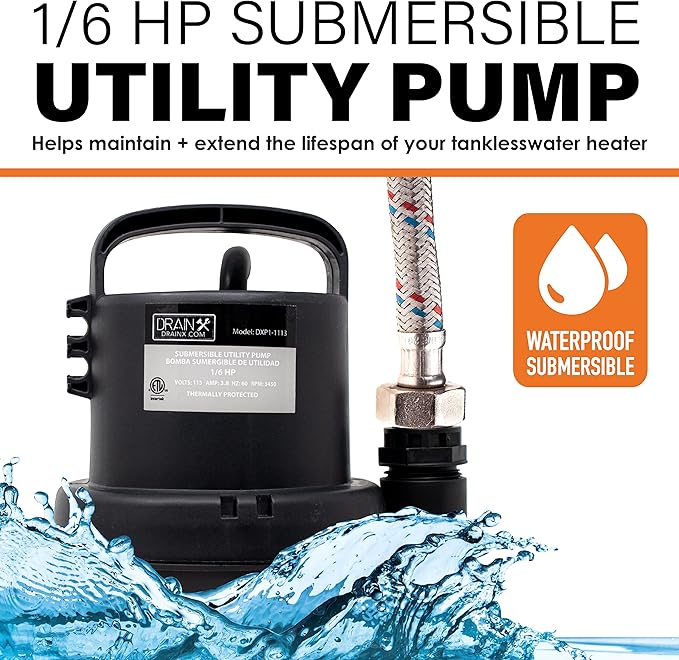 DrainX Tankless Water Heater Flush Kit with Gallon of Certified Liquid Descaling Solution for 4 Uses and 1/6HP Extra Strength Pump