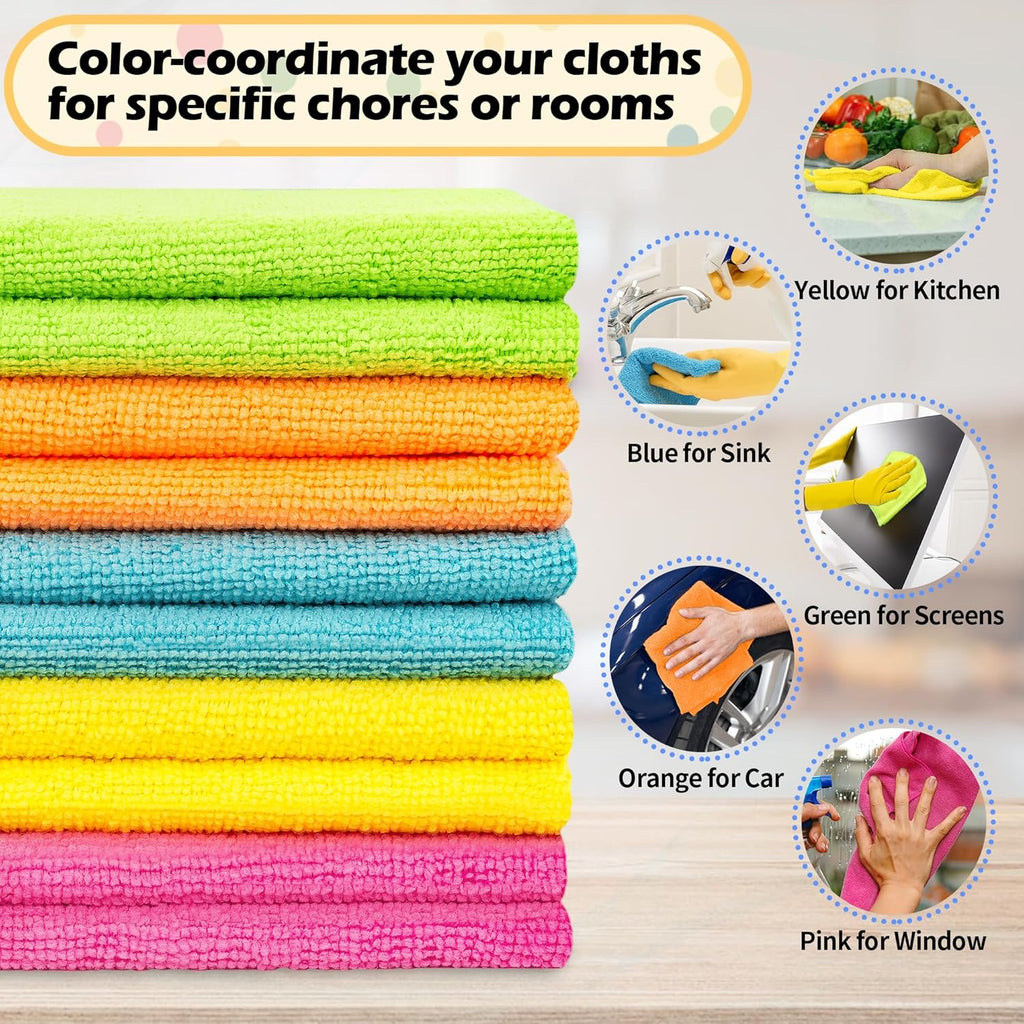 FIXSMITH Microfiber Cleaning Cloth, 50 Pack Cleaning Rags, Cleaning Towels for Housekeeping, Kitchen, Car, Lint-Free, Reusable Shop Towels with 5 Colors (Green/Blue/Yellow/Orange/Pink), 12"X12"