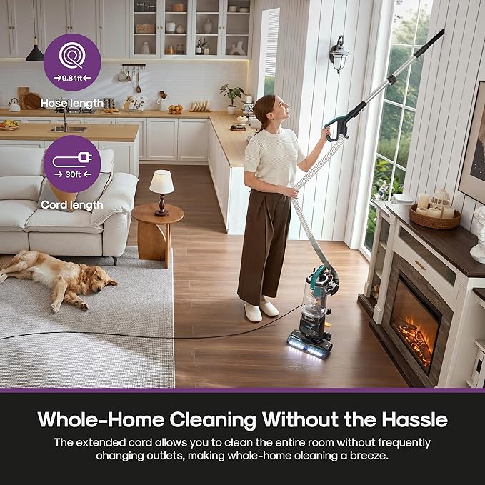 Eureka FlexReach Plus Bagless Upright Vacuum Cleaner for Home,Pet Vacuum for Carpet and Hard Floor, Lift-Up Vacuum with Flooring Type Sensor, HEPA Filter,Anti-Tangle, NEU652, Green