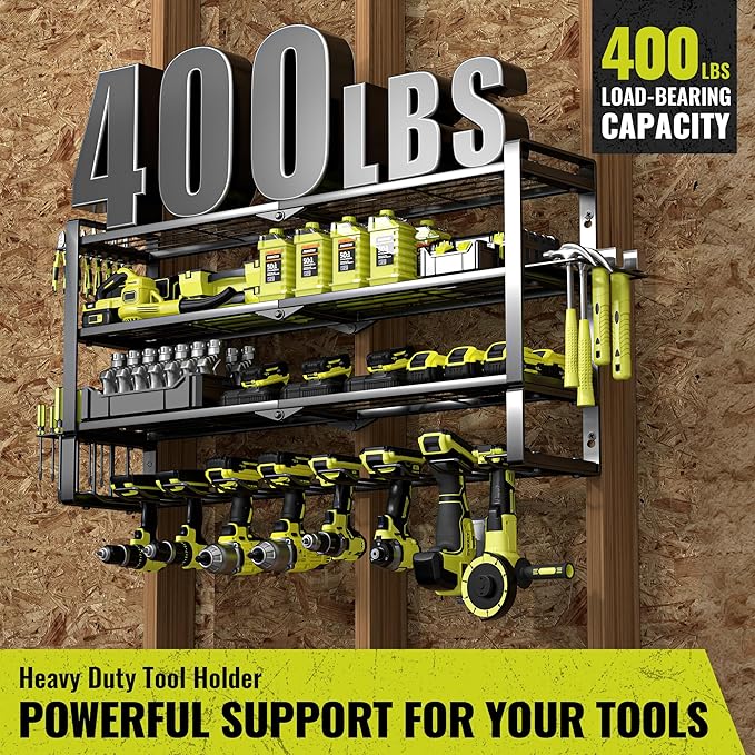 4 Layers Extra Tall Power Tool Organizer Wall Mount Loads 400lbs,Heavy Duty Metal Battery Tool Rack with 8 Cordless Drill Holders,Tool Storage Shelf For Workshop,Garage,Warehouse,Gifts for Men,Husband