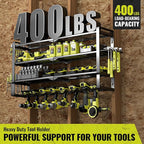 4 Layers Extra Tall Power Tool Organizer Wall Mount Loads 400lbs,Heavy Duty Metal Battery Tool Rack with 8 Cordless Drill Holders,Tool Storage Shelf For Workshop,Garage,Warehouse,Gifts for Men,Husband