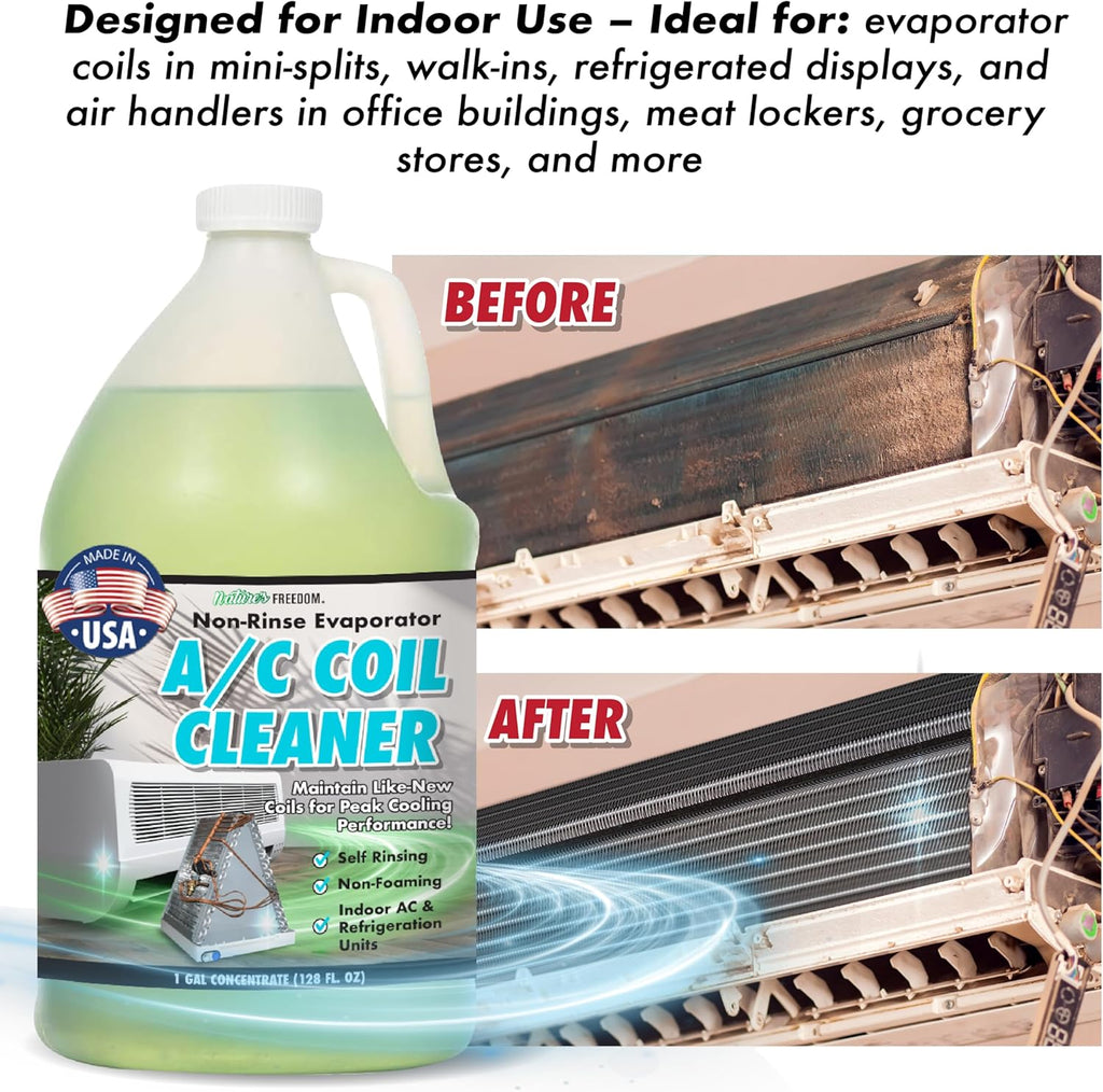 Nature's Freedom AC Coil Cleaner – 1 Gallon No Rinse Coil Cleaner for Air Conditioners, Mini Splits, Heat Pumps & Window Units – Non-Foaming, Metal-Safe Formula