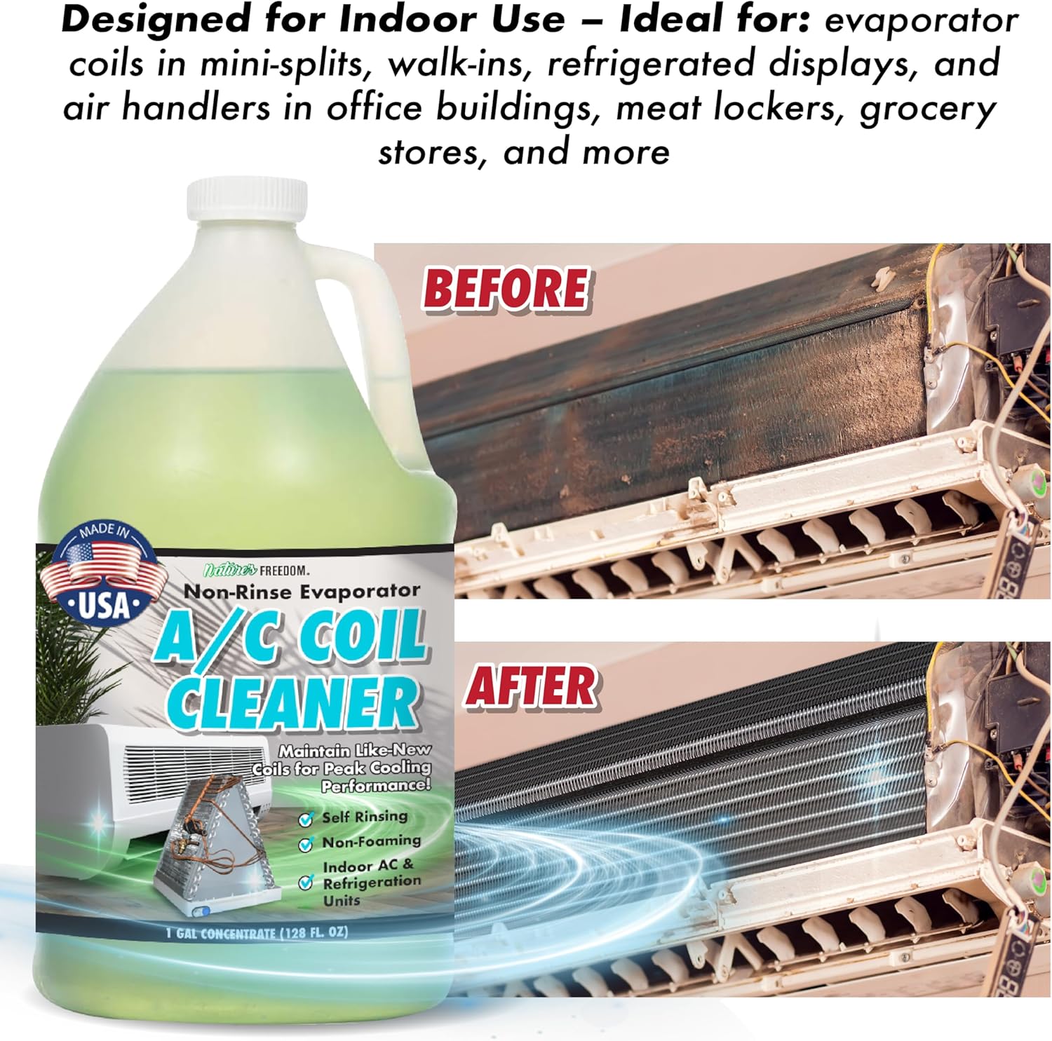 Nature's Freedom AC Coil Cleaner – 1 Gallon No Rinse Coil Cleaner for Air Conditioners, Mini Splits, Heat Pumps & Window Units – Non-Foaming, Metal-Safe Formula