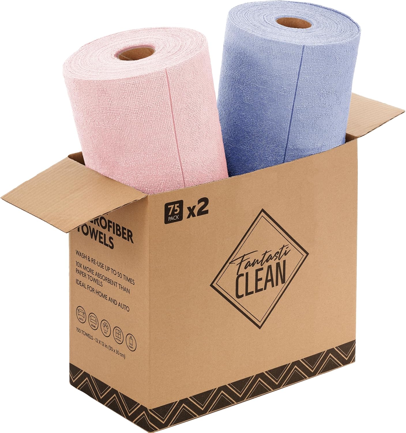 Fantasticlean Microfiber Cleaning Cloth Roll -150 Pack, Tear Away Microfiber Towels, 12" x 12", Reusable, Washable, Ultra Absorbent Dishcloth for Home Supplies, Car, Pet, Kitchen (Pink & Lavender)