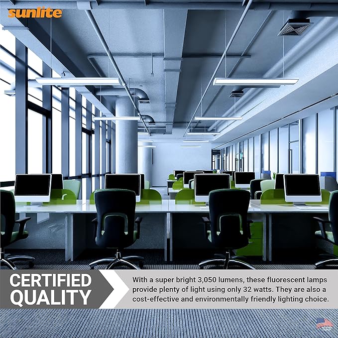 Sunlite F32T8/SP850 T8 Linear Fluorescent Lamp, 32 Watts, 3100 Lumens, 5000K Daylight, Medium G13 Bi Pin Base, High Performance Straight Tube, 30 Pack