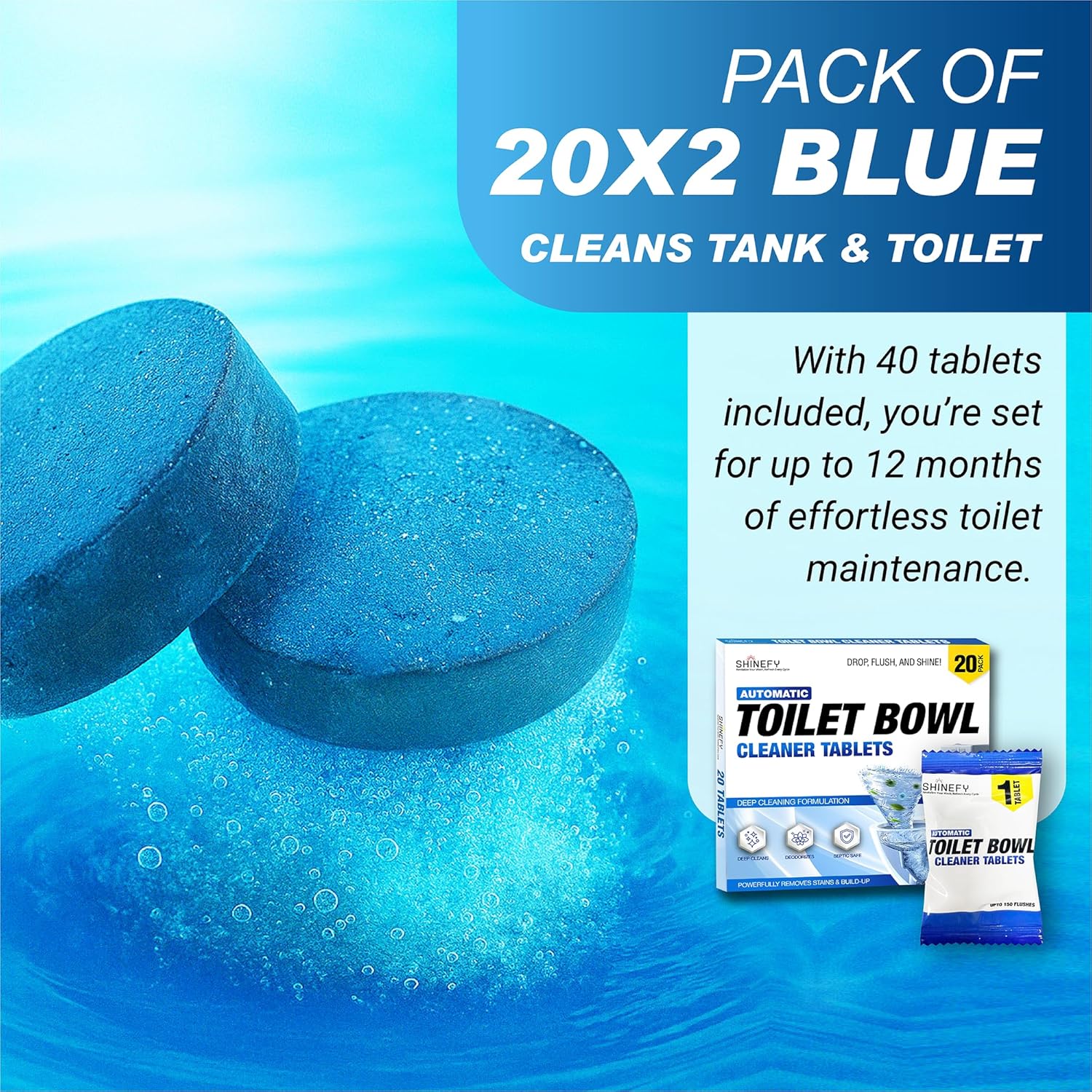 Automatic Toilet Bowl Cleaner Tablets – 40 Tabs - Blue Gel Toilet Tank Cleaner, Hard Water Ring Remover, Septic-Safe Heavy-Duty Stain & Smell Eliminator, Toilet Cleaning & Deodorizer