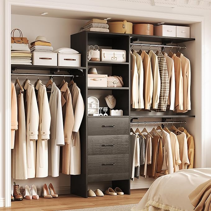 8FT Closet System, 96'' Closet Organizer System with 3 Hanging Rods, Wall Mount Bedroom Wardrobe with 3 Drawers Walk-in Closet, Adjustable Cloth Garment Rack from 5 to 8FT (Cut to Fit), Black