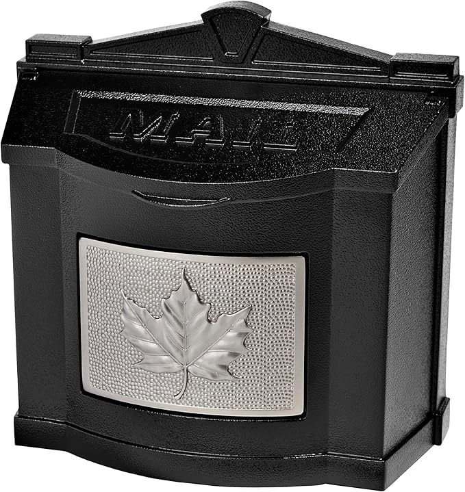 Gaines Wallmount Mailbox - Powder Coated Aluminum with Solid Brass Accents - Mounting Hardware Included (Black with Satin Nickel Leaf)
