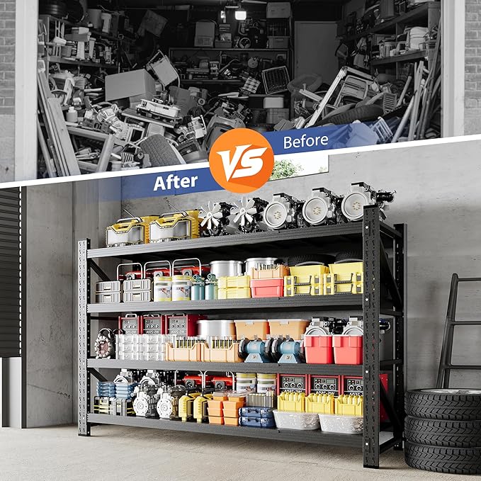 5000LBS Storage Shelves, 71" W Heavy Duty Garage Shelving Unit, Adjustable Industrial Shelving, 4 Tier Metal Shelving for Garage, Supermarket, Warehouse, 71" W x 24" D x 70" H