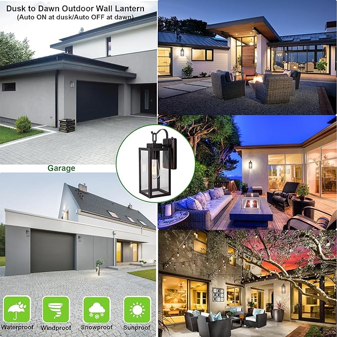 LIT-PaTH Dusk to Dawn Outdoor Wall Lantern, Wall Sconce as Porch Lighting Fixture, E26 Medium Base Max 60W, Anti-Rust Metal with Glass Shade, Oil Rubbed Bronze Finish, 2-Pack