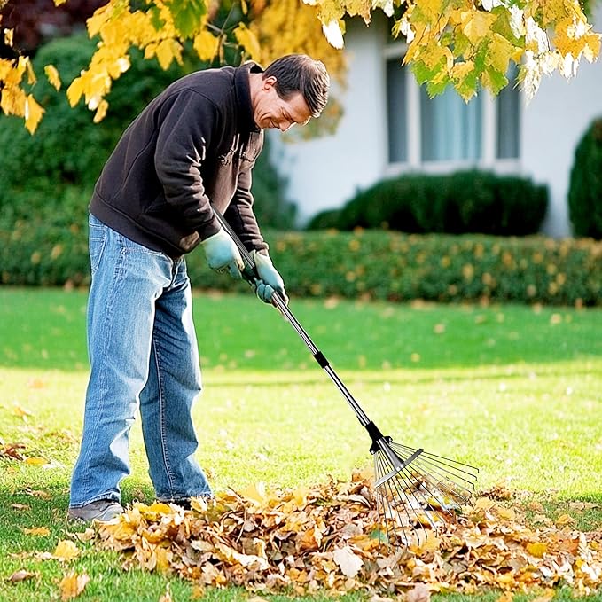 Garden Rake for Leaves – Heavy Duty Metal Leaf Rake for Lawns with Adjustable Handle (33"-69") & Expandable Head (8"-15") – Durable for Lawn, Shrub, Garden Beds – Essential Gardening Tools