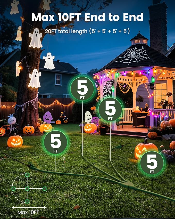 SURAIELEC Outdoor Extension Cord with Multiple Outlets, (5+5+5+5) 20FT Total,10FT End to End, 1-3 Multi Plug Splitter, 16/3C SJTW, for Landscape, Christmas Lights, Halloween Decorations, Green