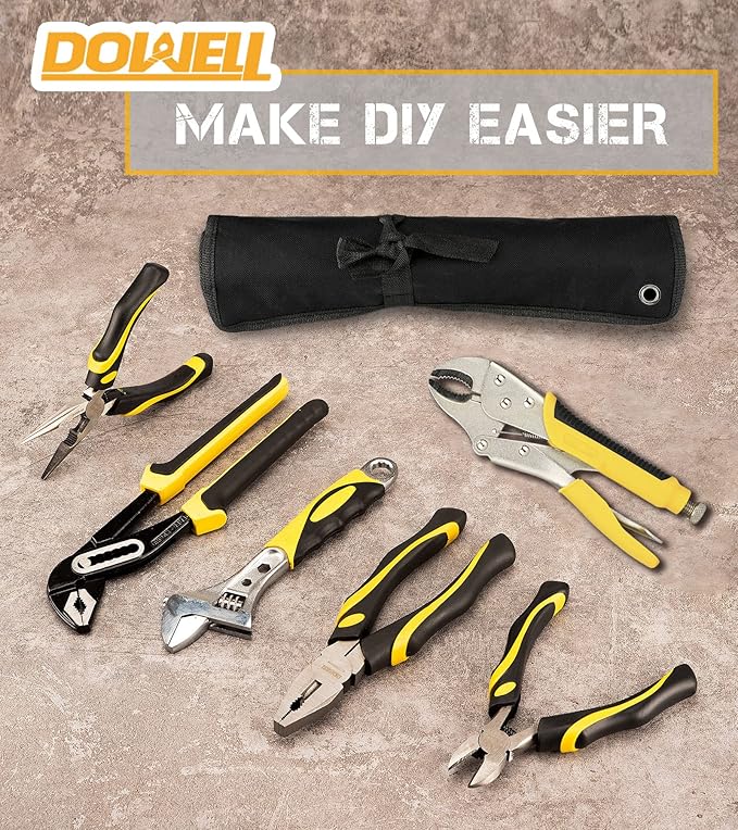 DOWELL Pliers Set - 6-Piece Kit with Groove Joint, Adjustable Wrench, Combination, Locking & Long Nose Diagonal Cutting Pliers