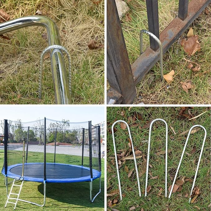 AAGUT 12 Inch Trampoline Stakes 6 Pack 3/8" U Shaped Rebar Ground Anchors Heavy Duty High Winds Galvanized Steel Trampolines Accessories for Swing Set, Camping, Soccer Goal, Huge Garden Decoration