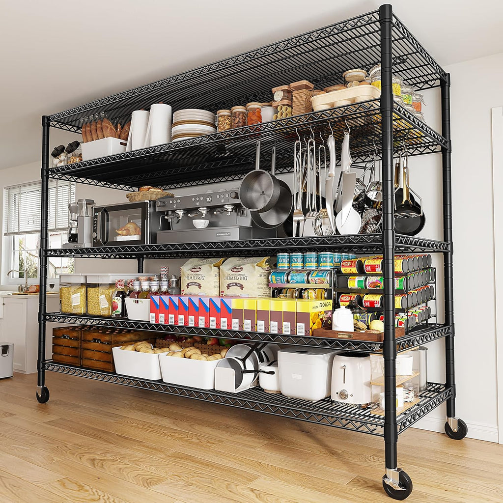 REIBII 85.7"H Storage Shelves 2998LBS Metal Shelving Units with Wheels&Feet, 5 Tier Garage Shelving Heavy Duty Adjustable Wire Shelf for Pantry Garage Commercial Industrials, 85.7"H X 55.5"W X 24.2"D