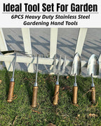 Garden Tool Set, 6PCS Heavy Duty Stainless Steel Gardening Hand Tools with Ropes, Includes Trowel, Transplanter, 2-in-1 Hoe, Pruner & More, Ideal Gardening Gift for Man and Woman (Standard Packaging)