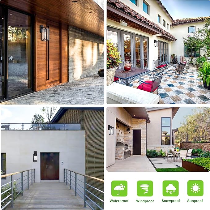 LIT-PaTH Dusk to Dawn Outdoor Wall Lantern, Wall Sconce as Porch Lighting Fixture, E26 Medium Base Max 60W, Anti-Rust Metal with Glass Shade, Black, 1-Pack