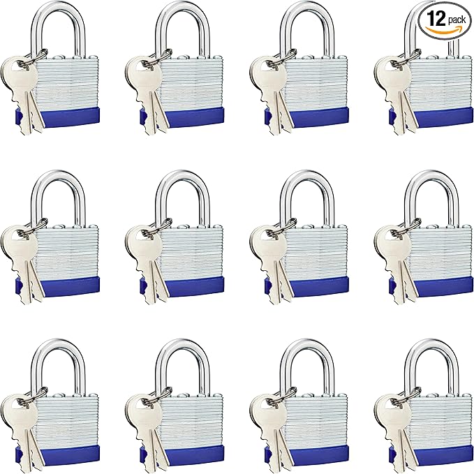 Lock Outdoor Padlocks, Laminated keyed Padlock, 1-9/16 in Wide Body, Padlock Set with Keys (12Pack)