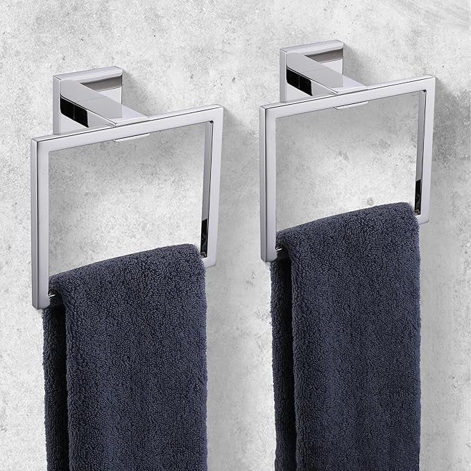 LANC Hand Towel Rings for Bathroom Wall Mount Chrome Polished Square Hand Towel Holder for Lavatory Bathroom Hardware Accessories Stainless Steel Modern Style Shower Towel Towel Racks Hanger, A8896CP