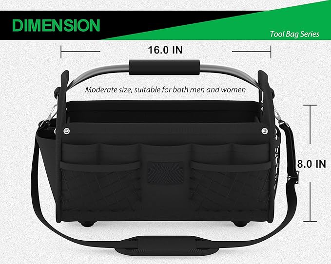 16 Inch Tool Bag, Open Top Tool Tote Bag, Tool Storage Bag with Handle and Shoulder Strap, Tool Box Organizer for Electricians, Gardeners, Mechanics