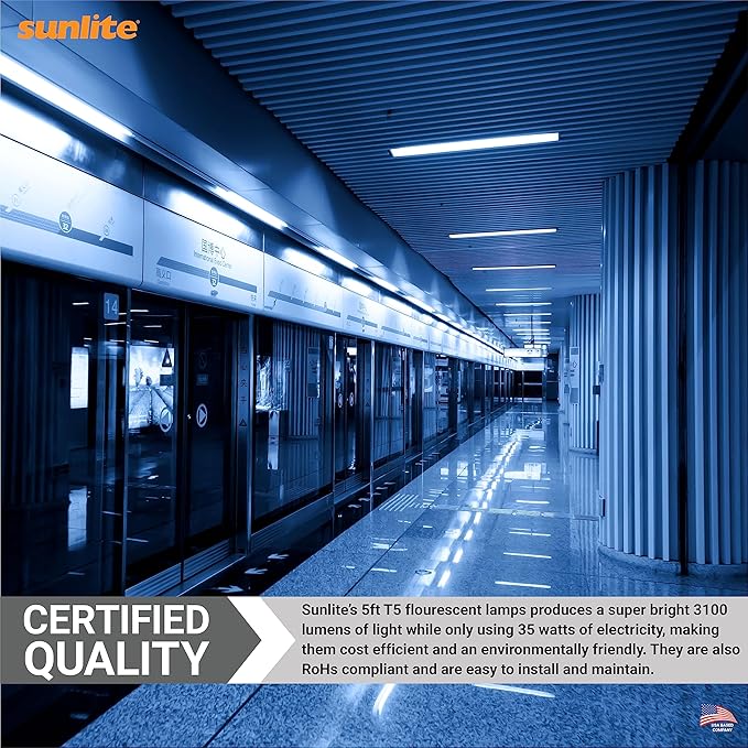 Sunlite 30395 F35T5/865 5 Foot T5 Linear Fluorescent Lamp, 35 Watts, 3100 Lumens, 6500K Daylight, Miniature G5 Bi-Pin Base, ROHS Compliant, High Performance Straight Tube, 40 Pack