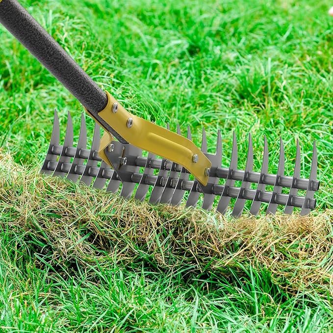 Rake, 51" Heavy Duty Metal Dethatcher Rake with 15" Wide Double-Edged Sharp Tines Thatch Rakes for Lawns,Dead Grass Removal,Soil Loosening,Lawn Care, Dethatching,Yard,Garden