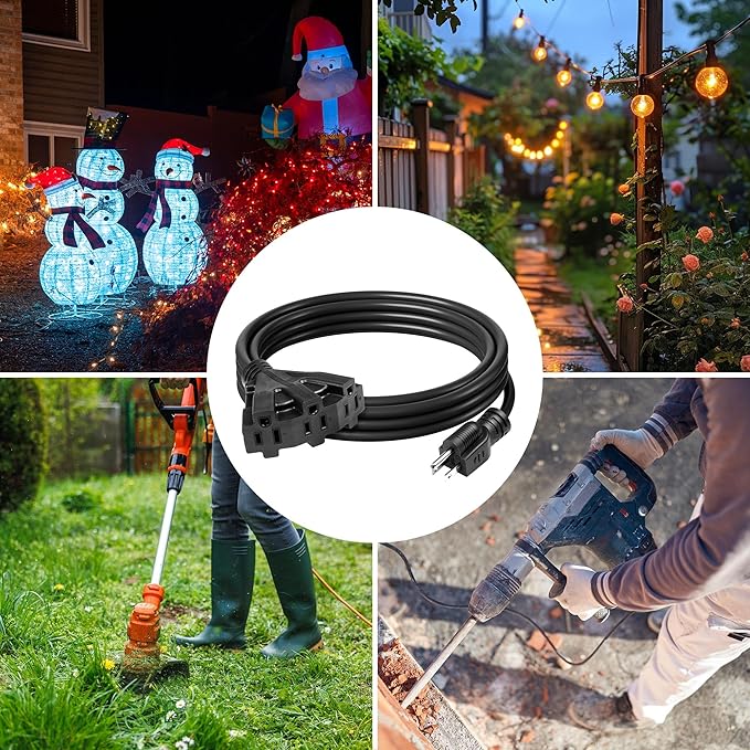BN-Link's 2 Pack Outdoor Extension Cord Set is Ideal for Holiday Yard Decorations and Garden Equipment. with Three outlets You can Plug in Loads up to a Total of 13amps/1625watts. (Black, 10ft)