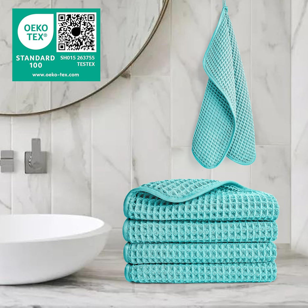 POLYTE Microfiber Lint Free Washcloth Face Towel, 13 x 13 in, 4 Pack (Waffle Weave)