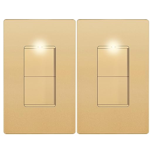 LIDER Matte Finish Lighted Double Switch with Screwless Wall Plate, Combination Frameless Decorator Switch with Locator Light, Ground Terminal Single Pole, 15A 120V, UL Listed, Gold, 2 Pack