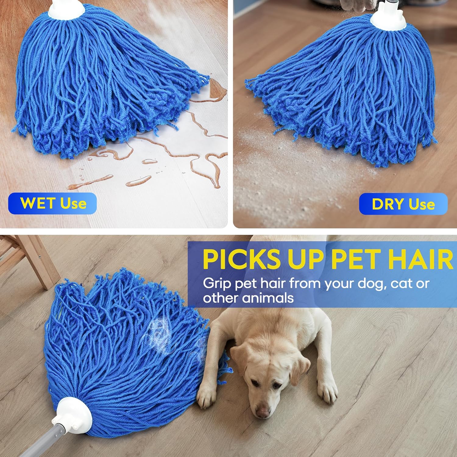 Matthew Microfiber Mop Replacement, Stainless Steel Spin Mop Handle with Wet Mop for Floor Cleaning (2 Mop Heads w/1 Handle) - Blue