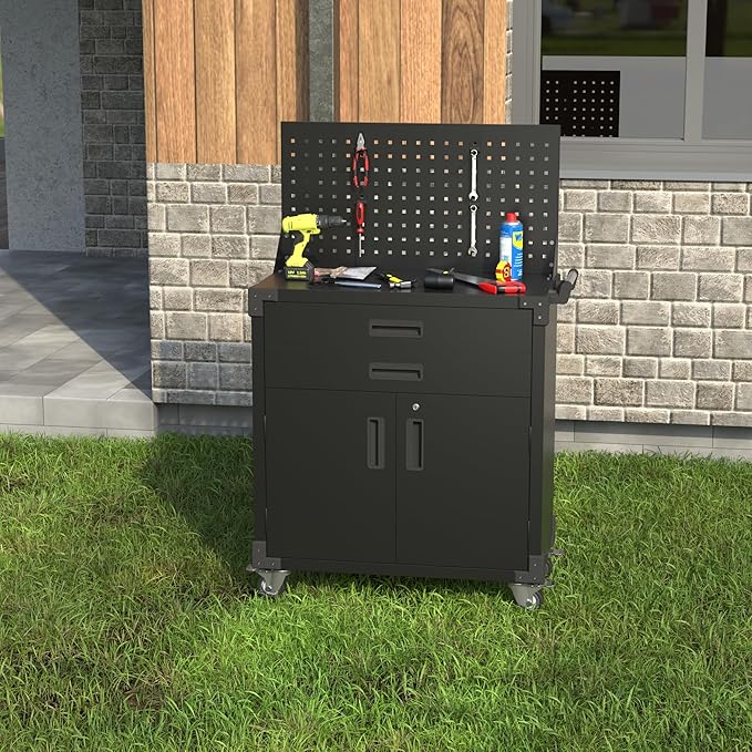 Tool Cart with Wheels and 2 Drawers, Metal Garage Storage Cabinet with Lockable Doors, Pegboard and 4 Hooks for Garage, Workshop, Tool Chest, Heavy Duty Work Bench, Black, Assembly Required
