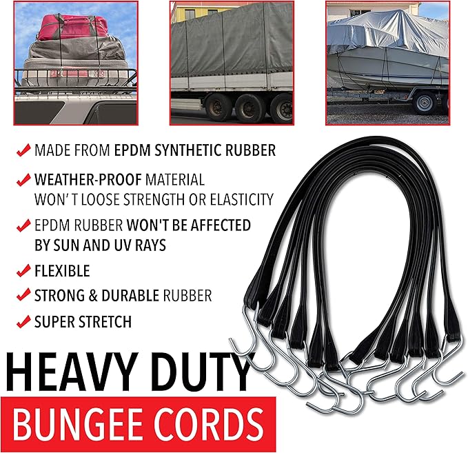 Miloo Rubber Bungee Cords with Hooks - Heavy Duty Tarp and Cargo Straps - Made in USA - 10 Inch Pack of 10