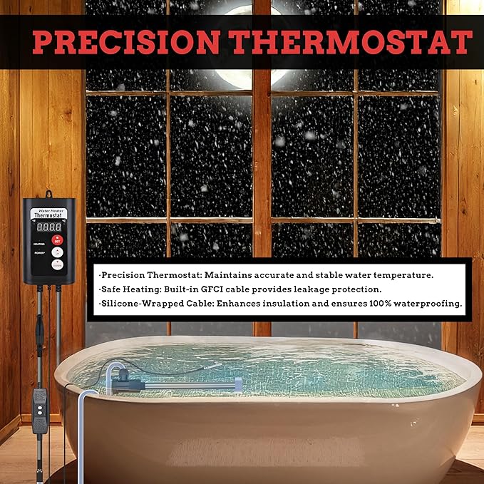 1500W Hot Tub Titanium Immersion Water Heater with Temp Control & GFCI – Submersible Electric Heater for Above-Ground Pool, Spa, Bucket, Baptistry, Baptismal Pool, Bathtub & Inflatable Pool