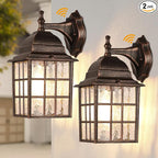 Farmhouse Exterior Light Fixtures - Sensor Dusk to Dawn Outdoor Porch Lights, Black Brush Gold Wall Sconce, Outside Wall Lantern for Front Door, Garage 2 Pack