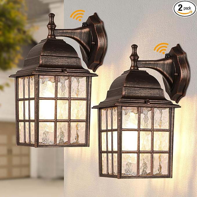 Farmhouse Exterior Light Fixtures - Sensor Dusk to Dawn Outdoor Porch Lights, Black Brush Gold Wall Sconce, Outside Wall Lantern for Front Door, Garage 2 Pack