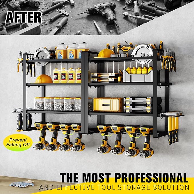 Power Tool Organizer Wall Mount - Storage Rack with 4 Drill Holders for Drills Cordless Tools. Heavy Duty Iron Garage Tool Organizer Storage for Workshop Shed (4 Slots 4 Layers 2 Pack)