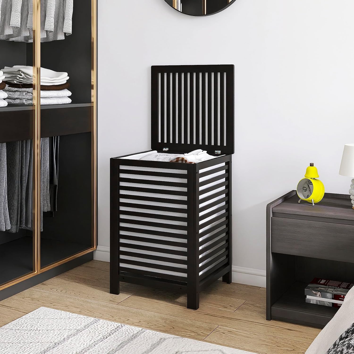 SMIBUY Double Laundry Hamper with Lid, 120L Bamboo Laundry Basket with Removable Liner Bag, 2-Section Clothes Divider Laundry Sorter for Laundry Room, Bathroom, Bedroom (Black)