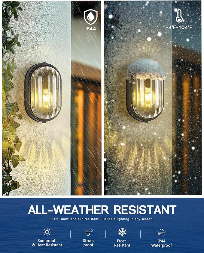 FEMILA 11" Oval Bulkhead Exterior Wall Sconce, Modern Outdoor Wall Lantern, Aluminum, Ripple Glass, IP44, E26, Front Porch Light for Patio/Garage/Entry, 4FYX104FL BK SW