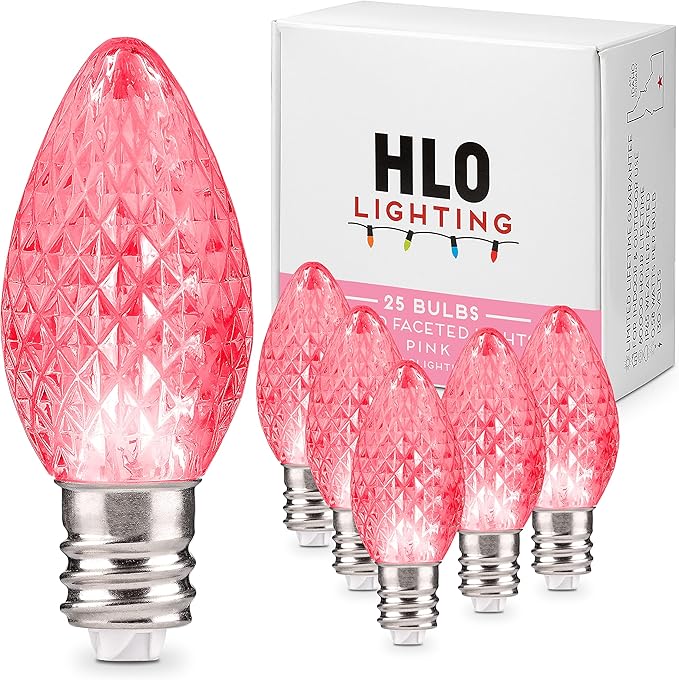 Holiday Lighting Outlet Faceted C7 Christmas Lights | Pink LED Light Bulbs Holiday Decoration | Warm Christmas Decor for Indoor & Outdoor Use | 2 SMD LEDs in Each Light Bulb | Set of 25