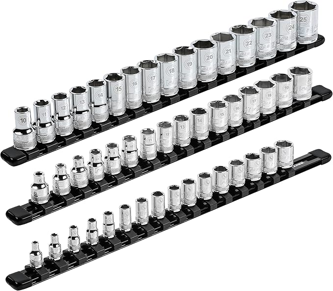 ARES 70087-3-Piece Aluminum Socket Organizer - 1/4-Inch, 3/8-Inch, and 1/2-Inch Drive Rails Hold 48 Sockets and Keep Your Tool Box Organized