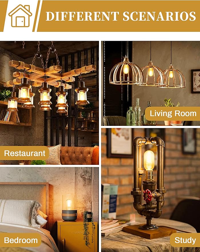 DORESshop Edison Bulbs [4 Pack], 60 Watt Light Bulbs, Incandescent Light Bulbs, T45, 110-130 Volts, E26 Bulb, Spiral Filament Lightbulbs, Dimmable Decorative Light Bulbs, Amber Glass, Warm White