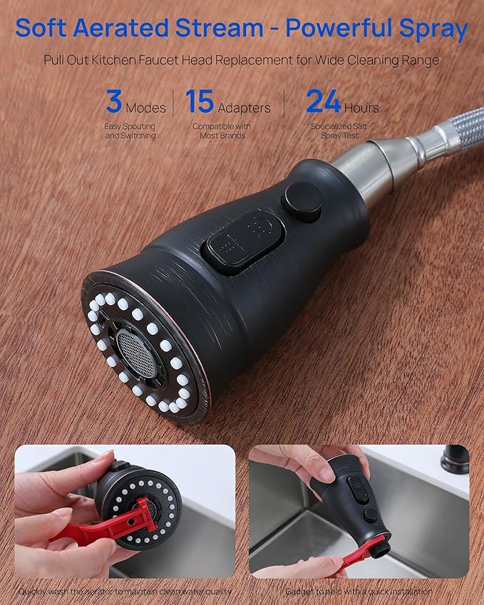J-HVA Oil Rubbed Bronze Pull Down Kitchen Faucet Head Replacement with 15 Adapters - Kitchen Sink Faucet Spray Nozzle Head Replacement 3-Function Tap Sprayer Head for Kitchen Sink