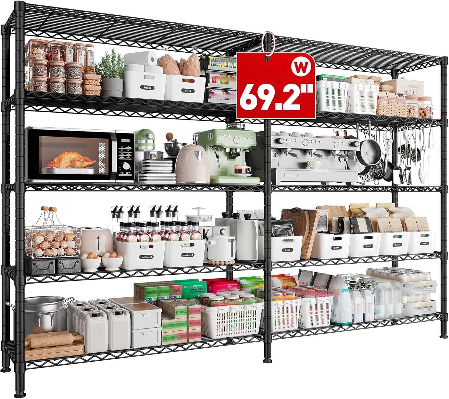 REIBII 70" W Storage Shelves Heavy Duty Load 1600LBS, Metal Shelving 5-Tier Wire Shelving Unit Metal Shelves for Storage Adjustable Shelving Rack for Pantry Kitchen 70" W*15.8" D*72.4" H, 2 Pack