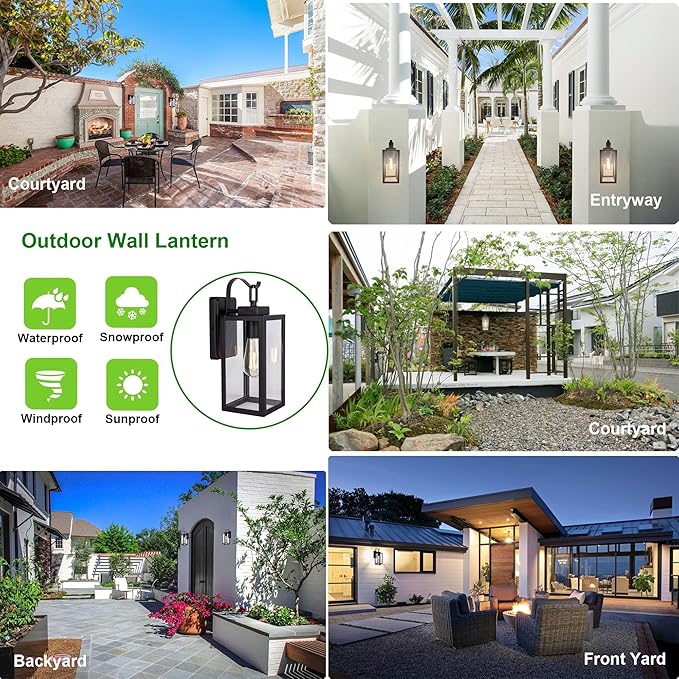 LIT-PaTH Outdoor Wall Lantern, Wall Sconce as Porch Lighting Fixture, E26 Medium Base Max 60W, Anti-Rust Metal with Glass Shade, Black, 2-Pack