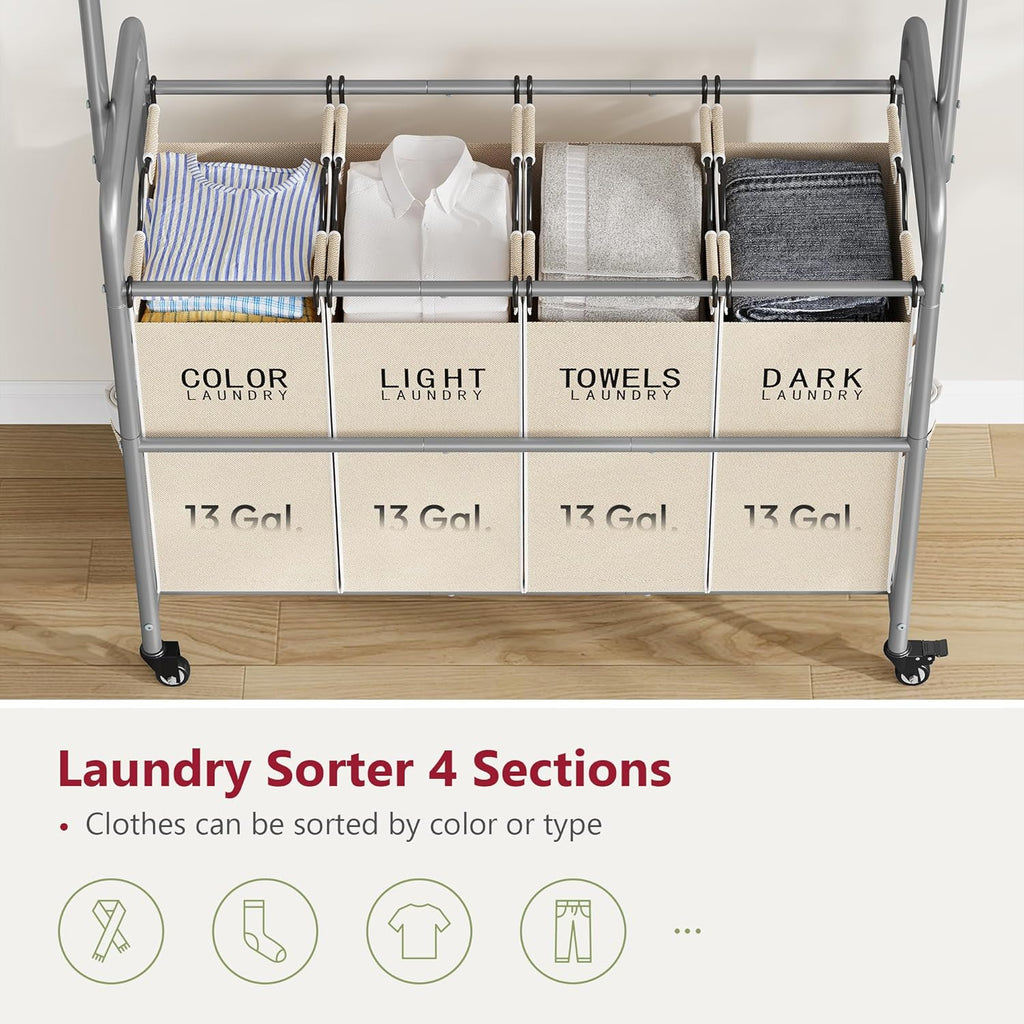 Tajsoon Laundry Hamper with Hanging Rack, Laundry Sorter 4 Sections, 4 Basket Butler with Lockable Wheels and Removable Bag, Rolling Laundry Cart for Bedroom, Beige