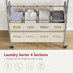 Tajsoon Laundry Hamper with Hanging Rack, Laundry Sorter 4 Sections, 4 Basket Butler with Lockable Wheels and Removable Bag, Rolling Laundry Cart for Bedroom, Beige